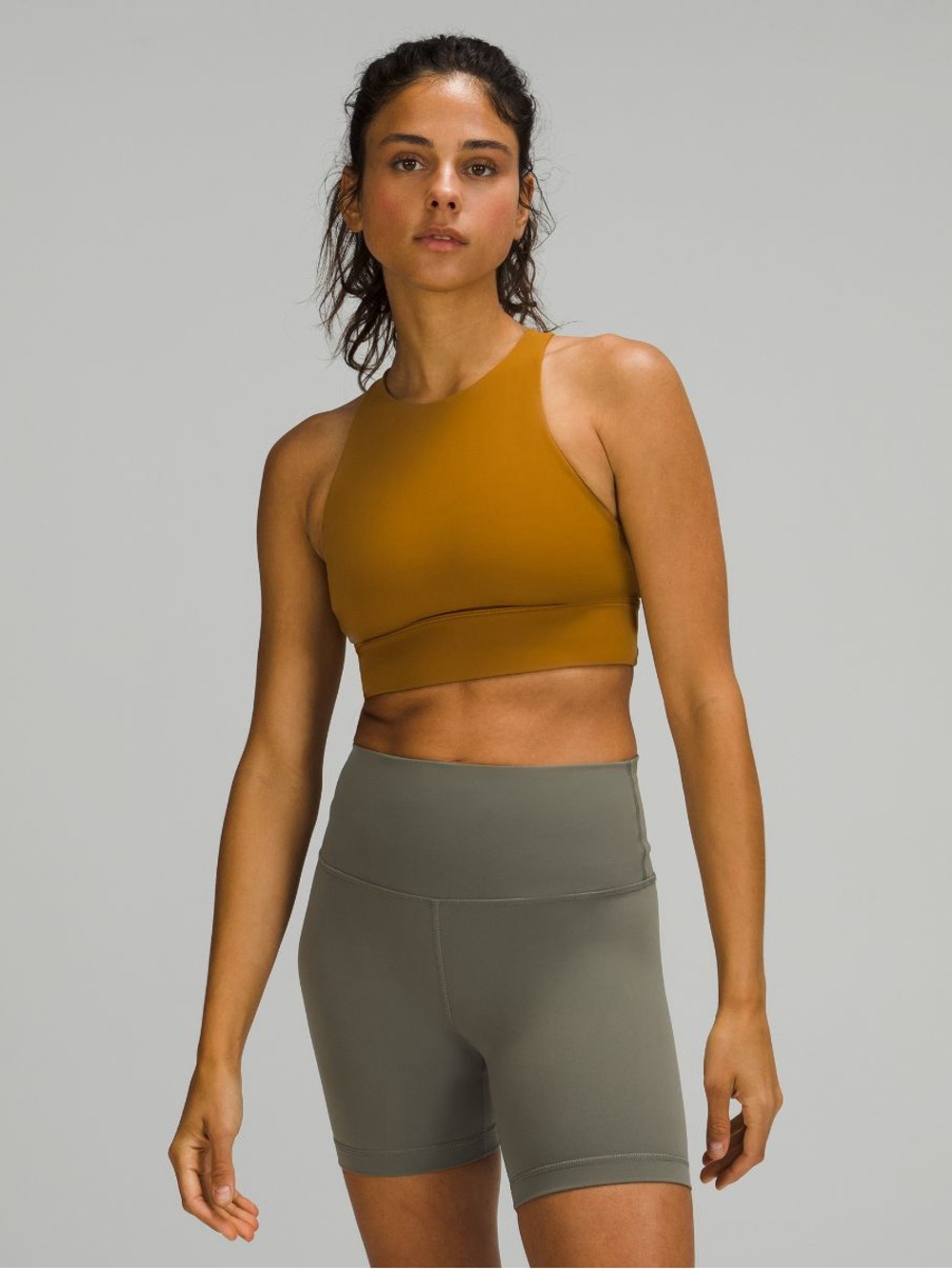 Lululemon Energy Bra High Neck Long Line Size 8 Gold Mustard Green Color No Pads